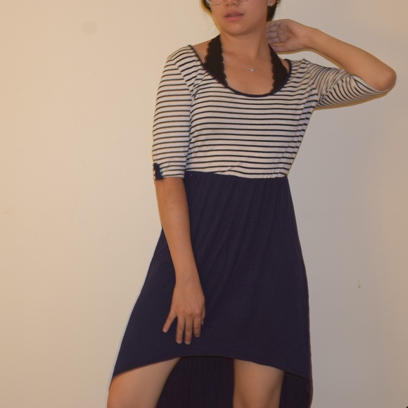 Navy Blue Dress with White Top and Stripes - Picture 3 of 4